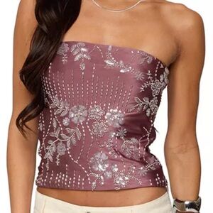 Edikted Strapless Floral Crop Top in Mauve and Silver